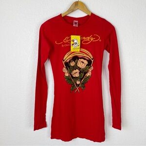 Ed Hardy Christian Audigier Red Floral Long Sleeve Tunic T-Shirt